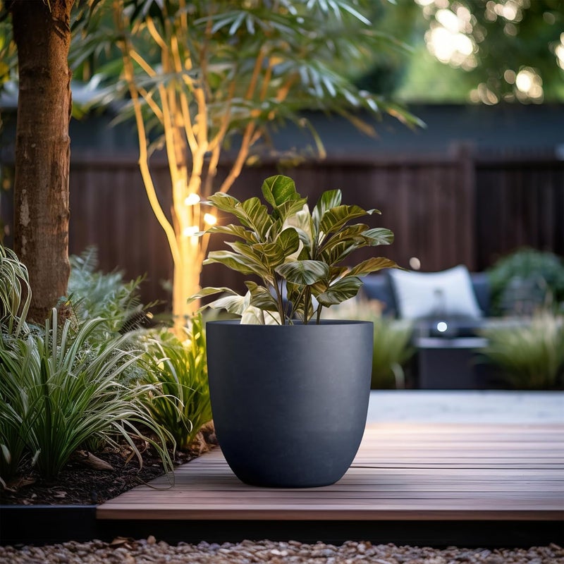 kante RC0050C-C60121 Lightweight Concrete Modern Seamless Outdoor Round Planter, Charcoal - Image 3