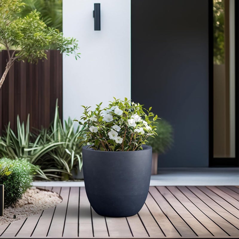 kante RC0050C-C60121 Lightweight Concrete Modern Seamless Outdoor Round Planter, Charcoal - Image 5