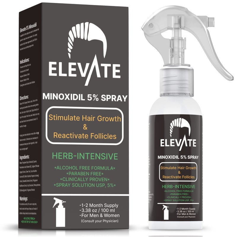 ELEVATE 5% Minoxidil Hair Growth Spray - Alcohol Free Non Oily Formula Extra Strength Professional Treatment for Hair Loss/Regrowth - Stimulate Hair Follicles for Men & Women - 1 Month Supply - Image 1