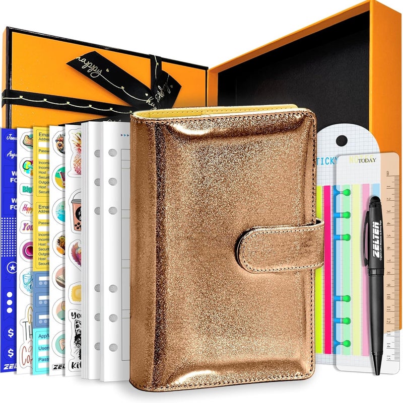 Zelten PU Leather Personal Notebook Planner with 67 Pages Loose-Leaf Papers 6 Holes Ring Binder Pen Holder Magnetic Buckle (Brown Glitter,A6 Gift Box) - Image 1