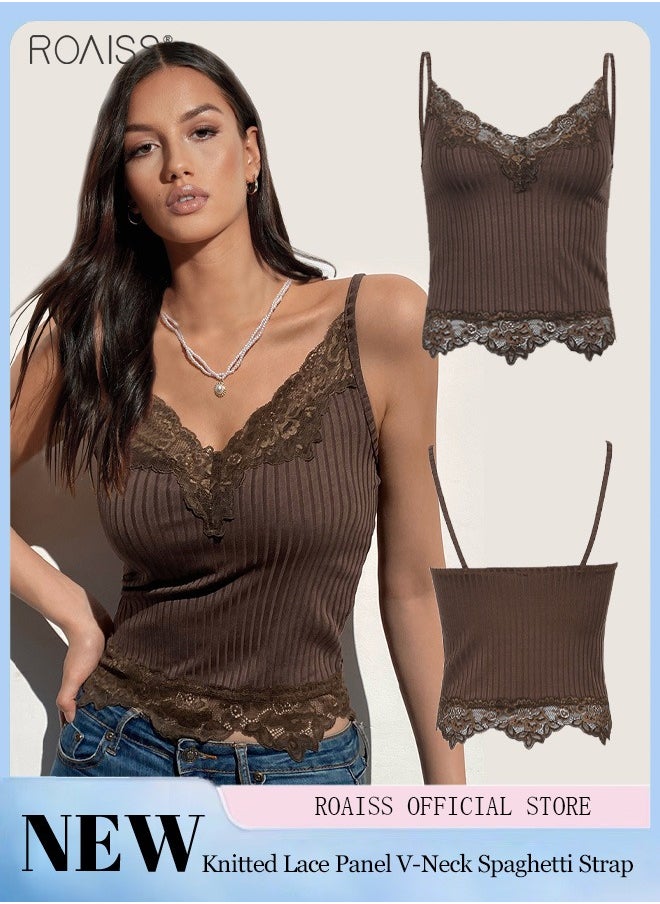 roaiss Women's Fashion Knitted Lace Panel V-Neck Thin Shoulder Strap Vest Elastic Tight Sleeveless Top  - Image 1