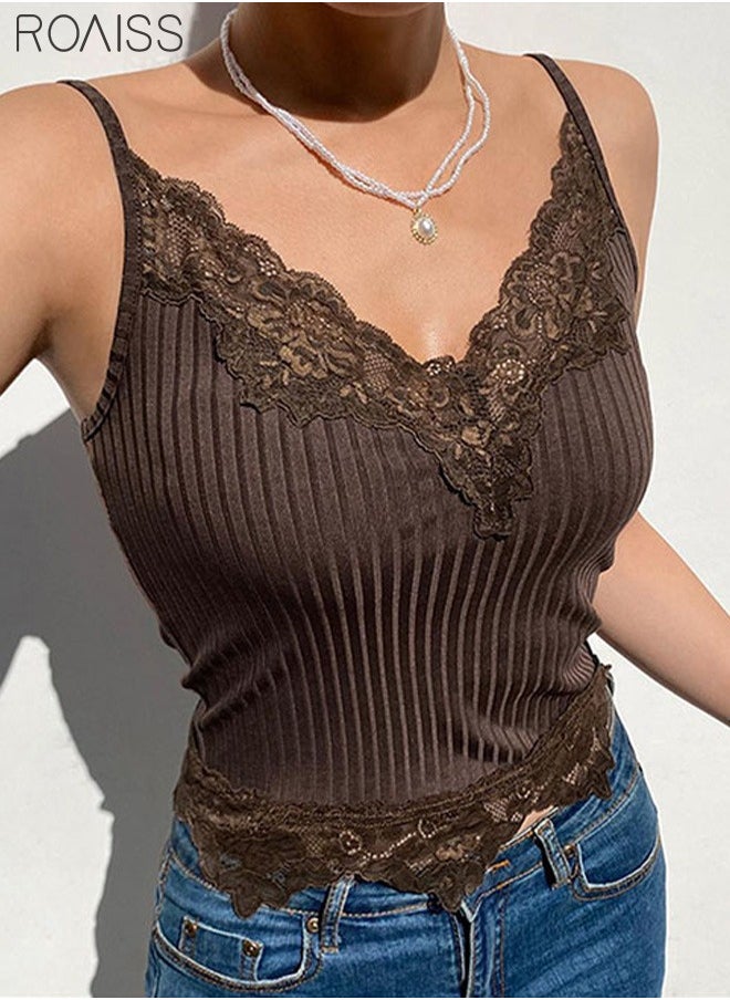 roaiss Women's Fashion Knitted Lace Panel V-Neck Thin Shoulder Strap Vest Elastic Tight Sleeveless Top  - Image 3