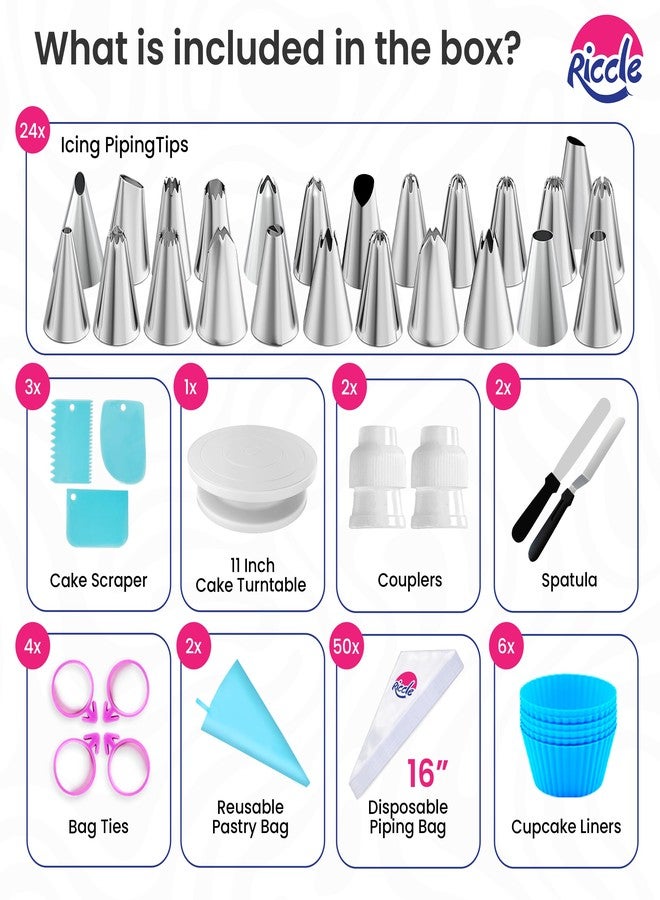 Riccle 94 pcs Cake Decorating Kit with Cake Turntable - Includes 50pcs 16 Inch Disposable + 2 Reusable Piping Bags and Tips Set, 24 Icing Piping Tips, 2 Spatulas, 3 Icing Comb Scraper, 6 Cake Liners - Image 5