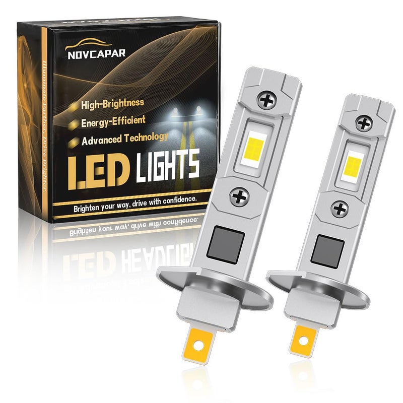 NOVCAPAR H1 LED Bulbs Upgrade 600 Brighter 24000LM 120WHigh and Low Beam6500K Cool White11 Mini Size Plug and PlayNonPolarityFanless H1 LED Fog Light BulbsPack of 2