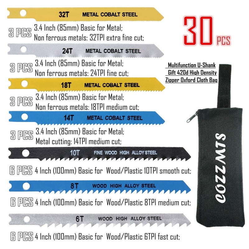 Cozzmts 30PCS U-Shank Jig Saw Blade Set for Wood Plastic Metal Cutting Compatible with Bosch DEWALT SKIL Black and Decker Jigsaw Blades U Shank Includes 6T 8T 10T 14T 18T 24T 32T with 420D Zipper Bag - Image 2