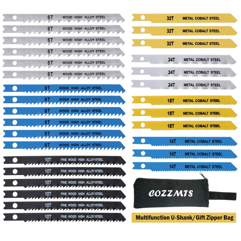 Cozzmts 30PCS U-Shank Jig Saw Blade Set for Wood Plastic Metal Cutting Compatible with Bosch DEWALT SKIL Black and Decker Jigsaw Blades U Shank Includes 6T 8T 10T 14T 18T 24T 32T with 420D Zipper Bag - Image 1