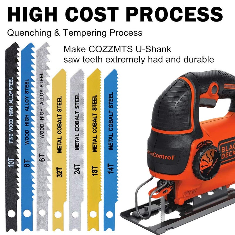 Cozzmts 30PCS U-Shank Jig Saw Blade Set for Wood Plastic Metal Cutting Compatible with Bosch DEWALT SKIL Black and Decker Jigsaw Blades U Shank Includes 6T 8T 10T 14T 18T 24T 32T with 420D Zipper Bag - Image 4
