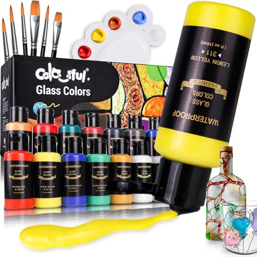 Colorful مجموعة طلاء زجاج ملون مع 6 فرش، 1 لوحة و 1 إسفنجة، 14 لون طلاء زجاج دائم ومقاوم للماء للفنون على كؤوس النبيذ، الزجاجات والنوافذ - Image 1