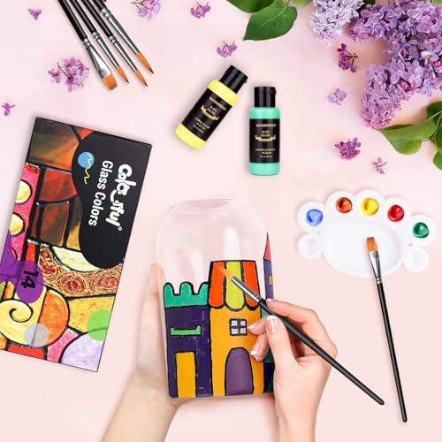 Colorful مجموعة طلاء زجاج ملون مع 6 فرش، 1 لوحة و 1 إسفنجة، 14 لون طلاء زجاج دائم ومقاوم للماء للفنون على كؤوس النبيذ، الزجاجات والنوافذ - Image 3
