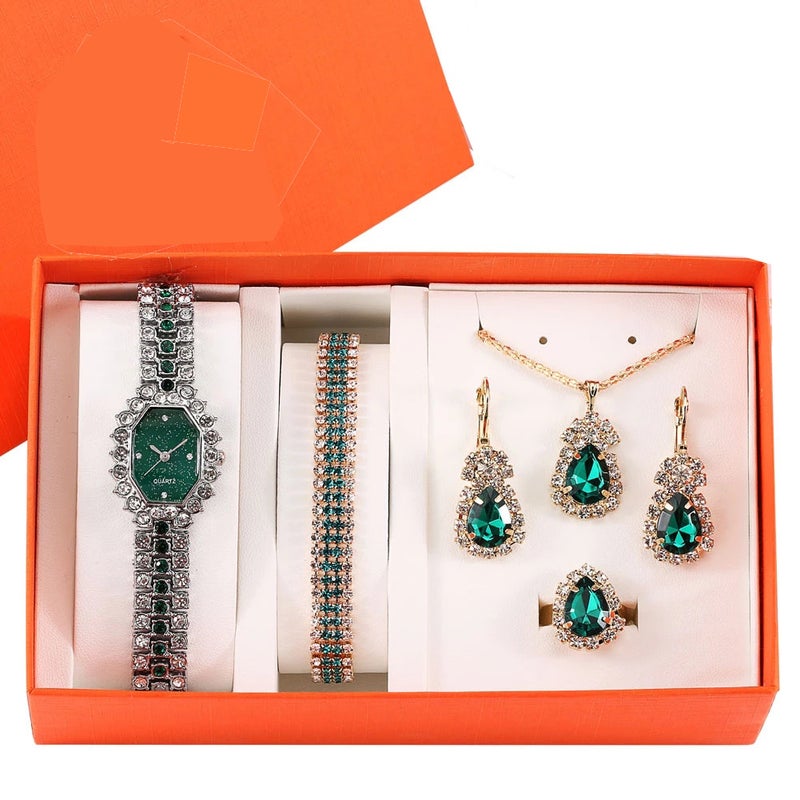 Womens luxury fashion small diamond steel belt quartz watch + bracelet + necklace + earrings gift box suit Green silver 