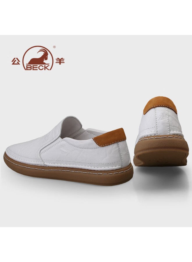 Gongyang Men's Shoes, Business Casual Leather Shoes, Genuine Leather Loafers, Soft Leather Soft Sole Slip-on Moccasins For Men, White, Size 41