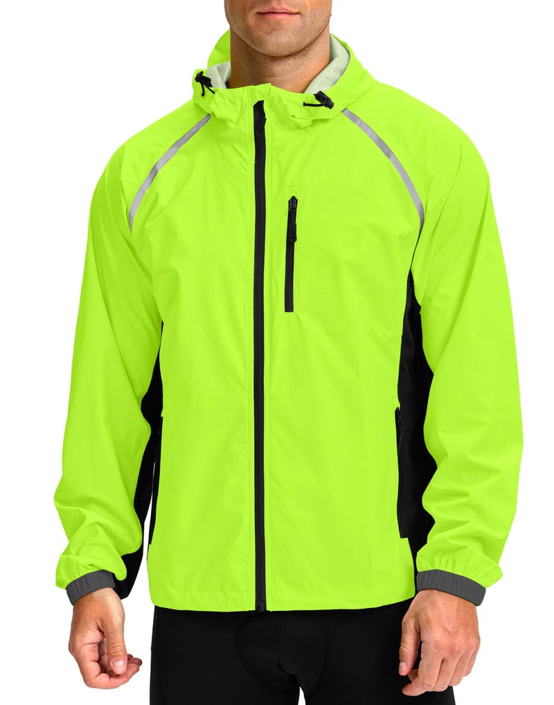 Bikewa Men's Cycling Rain Jackets Waterproof Running Bike Windbreaker Hooded Reflective Biking Windproof Bicycle Riding(Fluorescent Yellow/Black,L) - Image 1