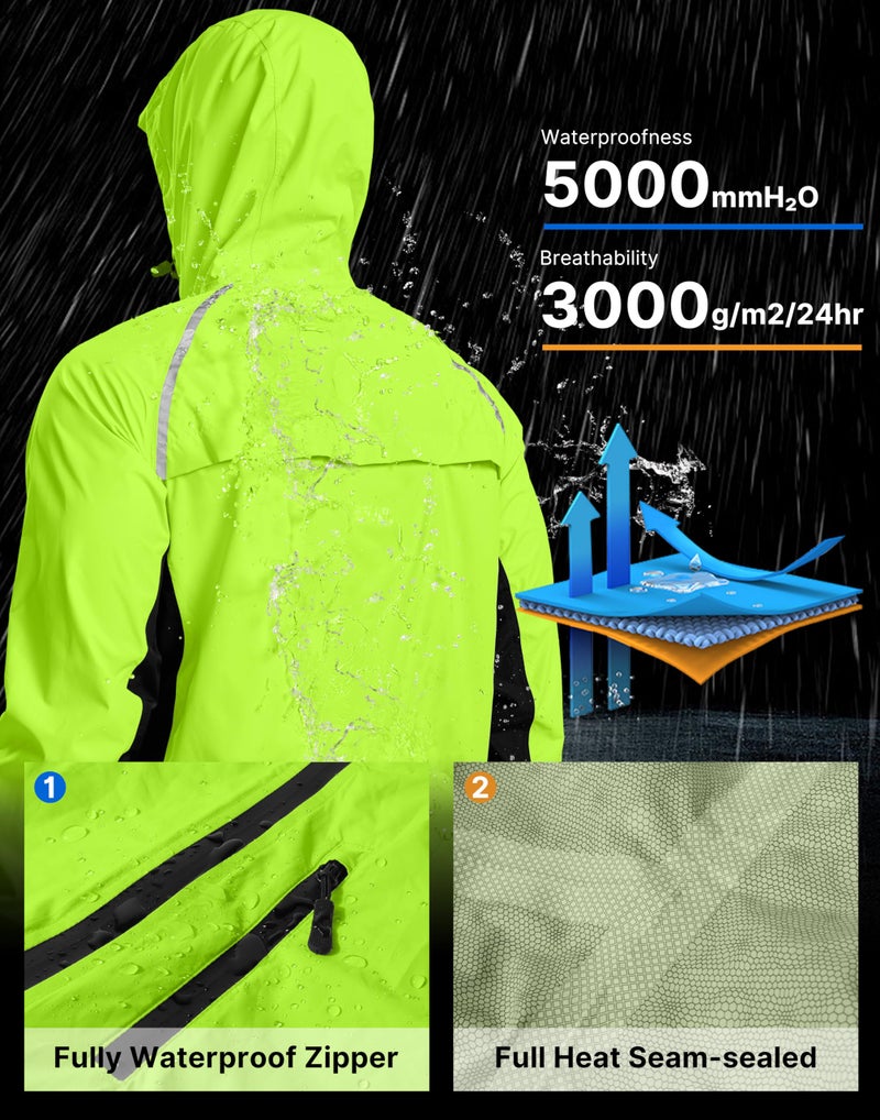 Bikewa Men's Cycling Rain Jackets Waterproof Running Bike Windbreaker Hooded Reflective Biking Windproof Bicycle Riding(Fluorescent Yellow/Black,L) - Image 3