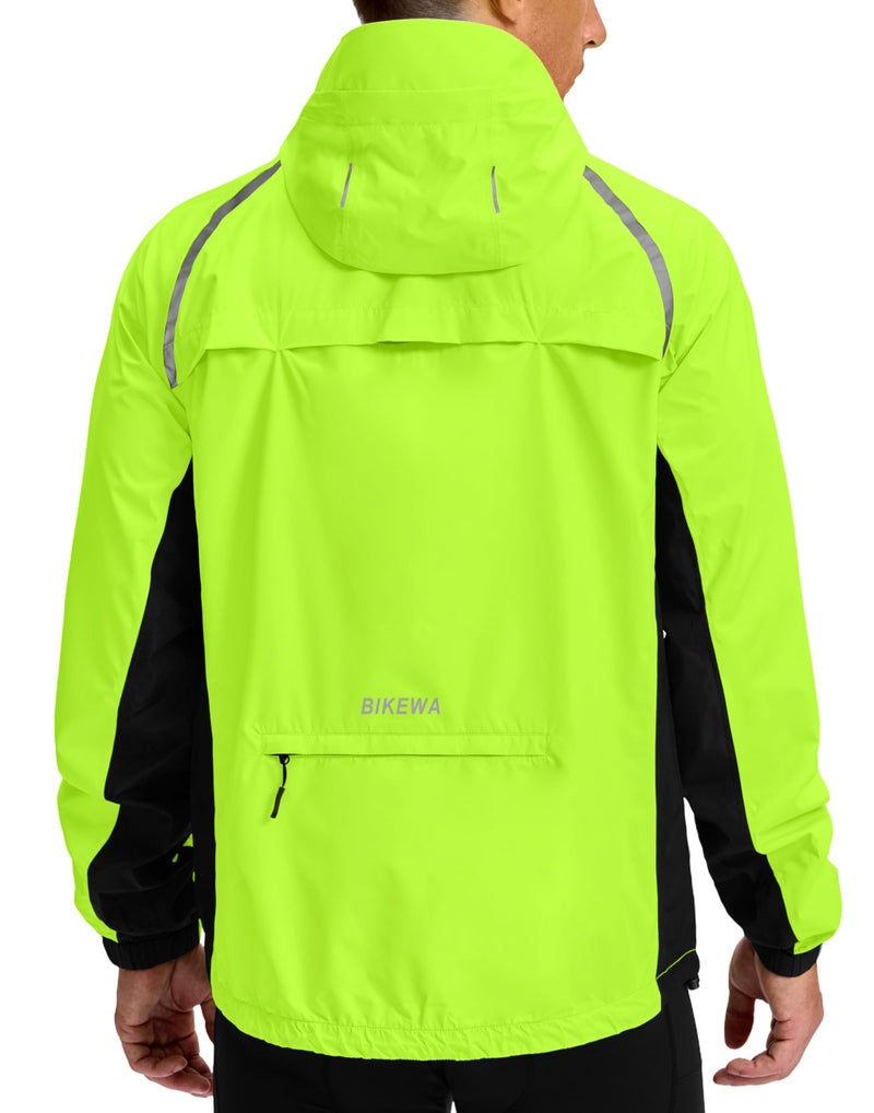 Bikewa Men's Cycling Rain Jackets Waterproof Running Bike Windbreaker Hooded Reflective Biking Windproof Bicycle Riding(Fluorescent Yellow/Black,L) - Image 2