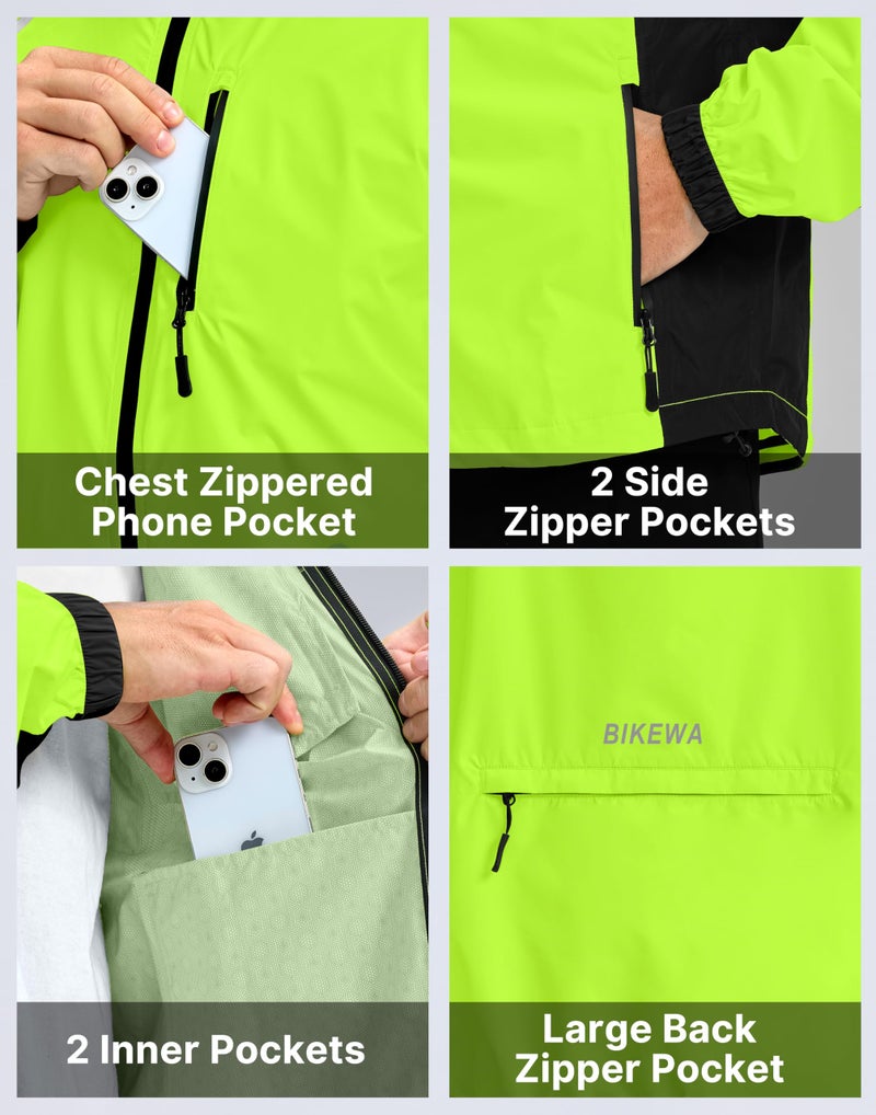 Bikewa Men's Cycling Rain Jackets Waterproof Running Bike Windbreaker Hooded Reflective Biking Windproof Bicycle Riding(Fluorescent Yellow/Black,L) - Image 5