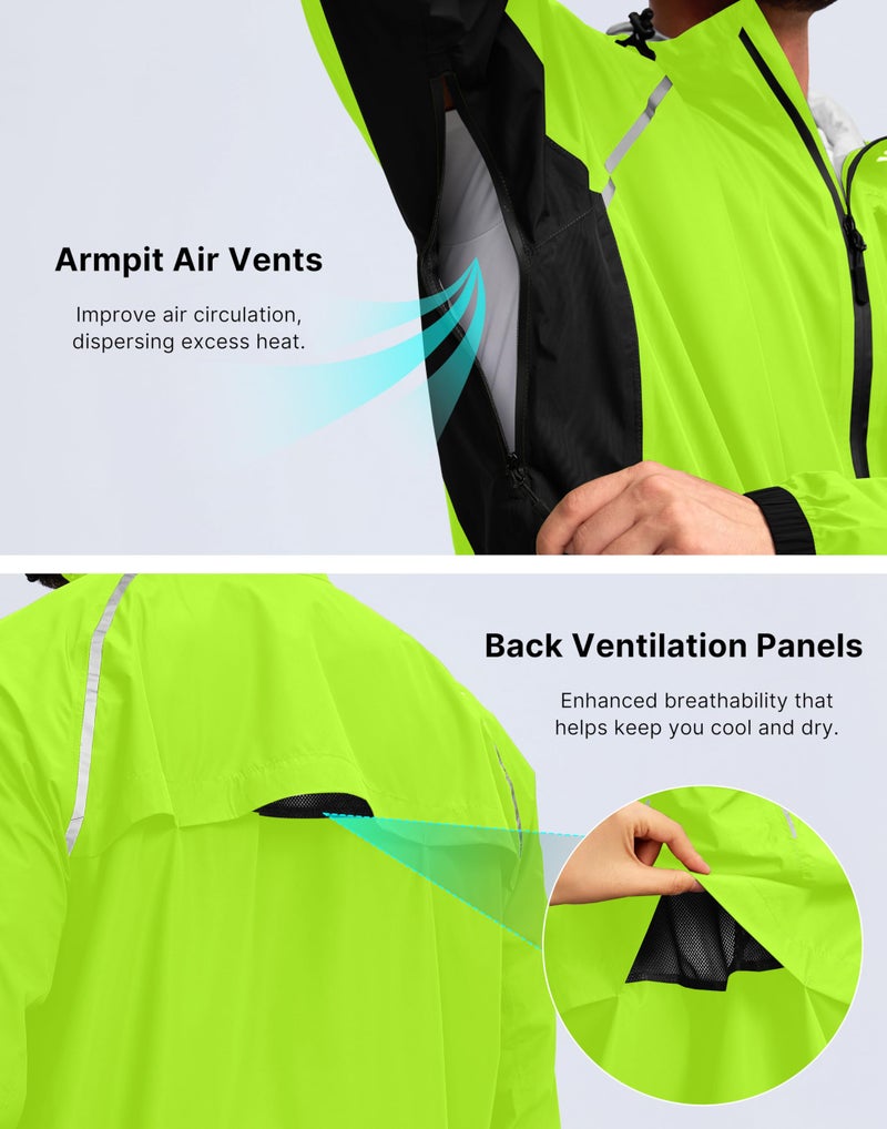Bikewa Men's Cycling Rain Jackets Waterproof Running Bike Windbreaker Hooded Reflective Biking Windproof Bicycle Riding(Fluorescent Yellow/Black,L) - Image 4