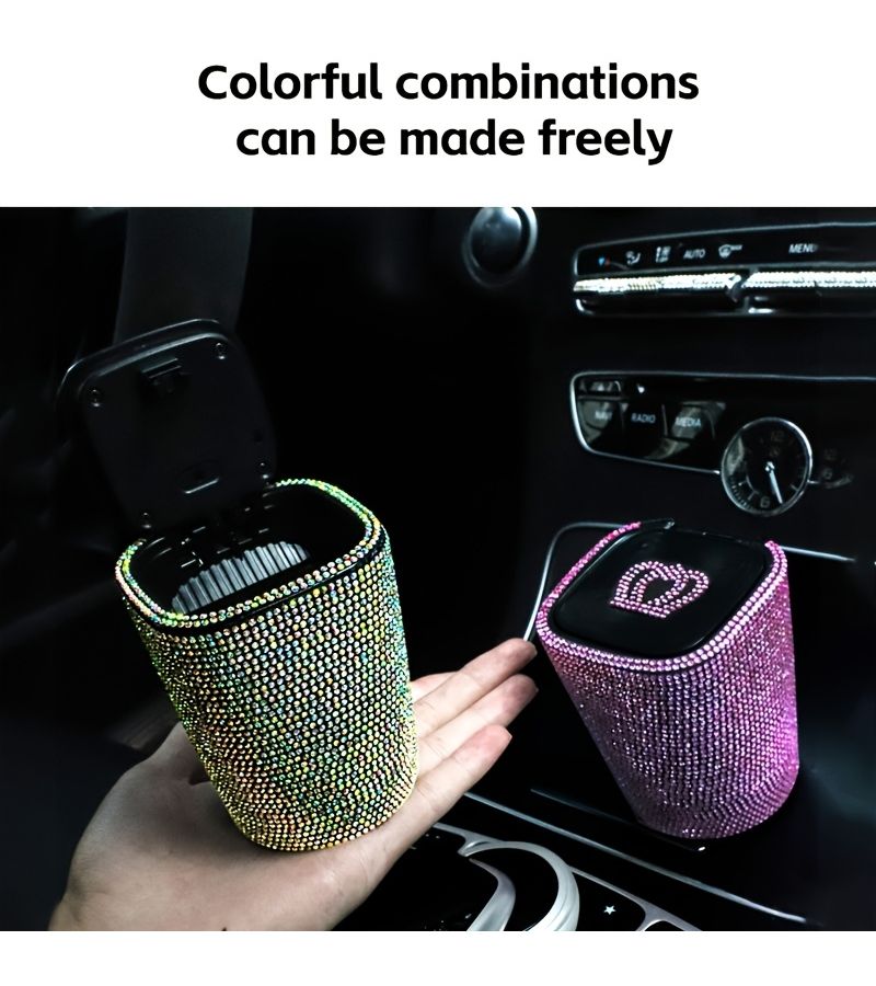 1 Car Diamond Ashtray With Lid Windproof Odor Proof Flame Retardant Shiny Mini Car Additions White Rhinestone - Image 1