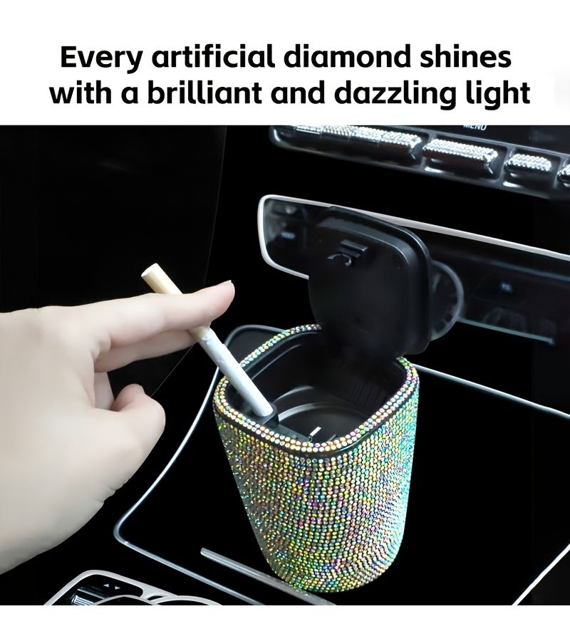 1 Car Diamond Ashtray With Lid Windproof Odor Proof Flame Retardant Shiny Mini Car Additions White Rhinestone - Image 2