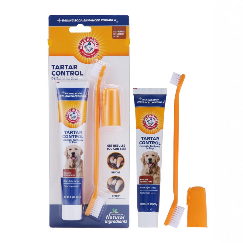 Arm & Hammer for Pets Tartar Control Kit for Dogs | Contains Toothpaste, Toothbrush & Fingerbrush | Reduces Plaque & Tartar Buildup | Safe for Puppies, 3-Piece , Beef Flavor - Image 1