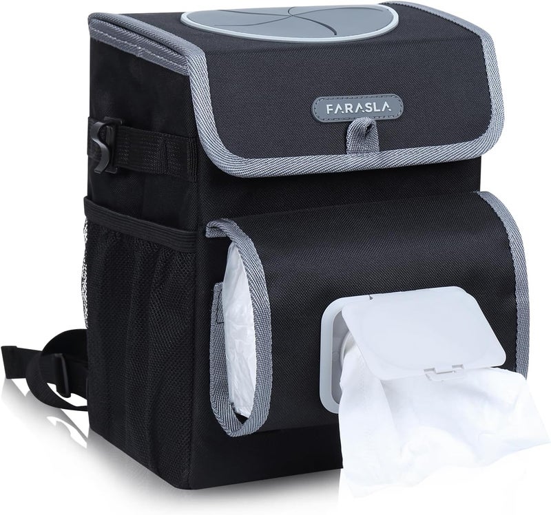 Farasla All-in-One Car Trash Can, Garbage Bag for Car with Removable Leakproof Interior Liner, Adjustable Tissue Holder & Straps(Black) - Image 1