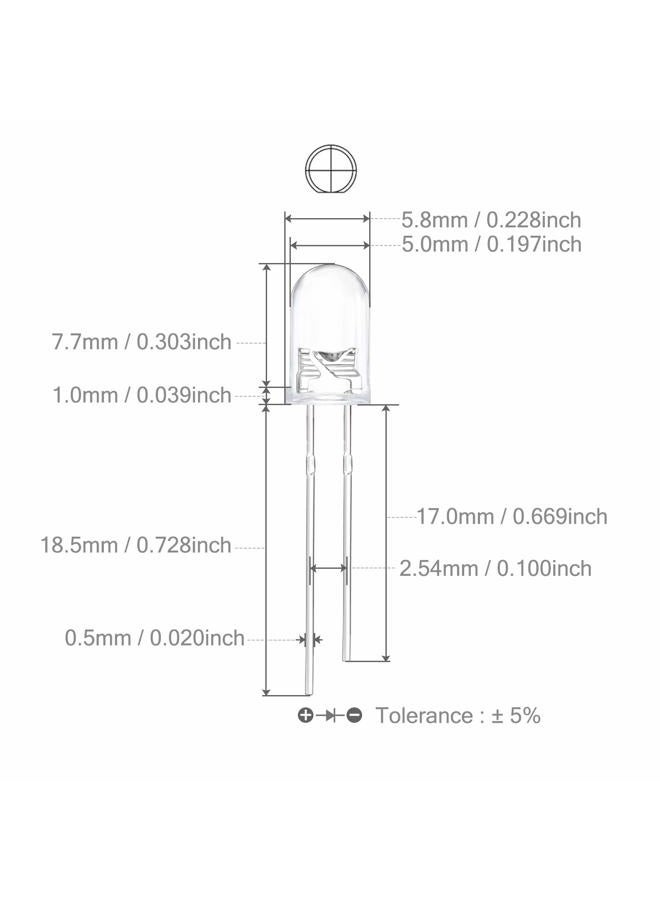 CHANZON 100 pcs 5mm White LED Diode Lights (Clear Round Transparent DC 3V 20mA) Bright Lighting Bulb Lamps Electronics Components Indicator Light Emitting Diodes for Arduino - Image 3