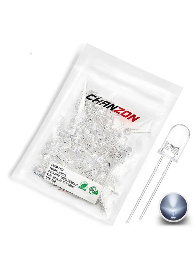 CHANZON 100 pcs 5mm White LED Diode Lights (Clear Round Transparent DC 3V 20mA) Bright Lighting Bulb Lamps Electronics Components Indicator Light Emitting Diodes for Arduino - Image 1