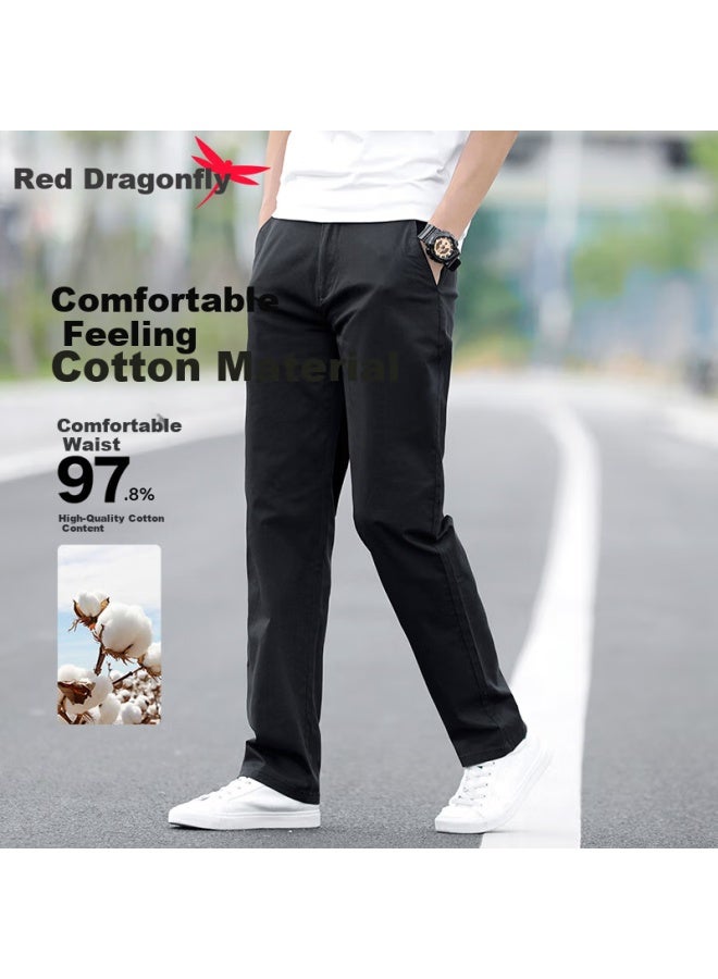 Red Dragonfly Men's Casual Pants Four Seasons Solid Color Cotton Business Casual Straight Slim Stretchy All-match Trousers Black Size 31