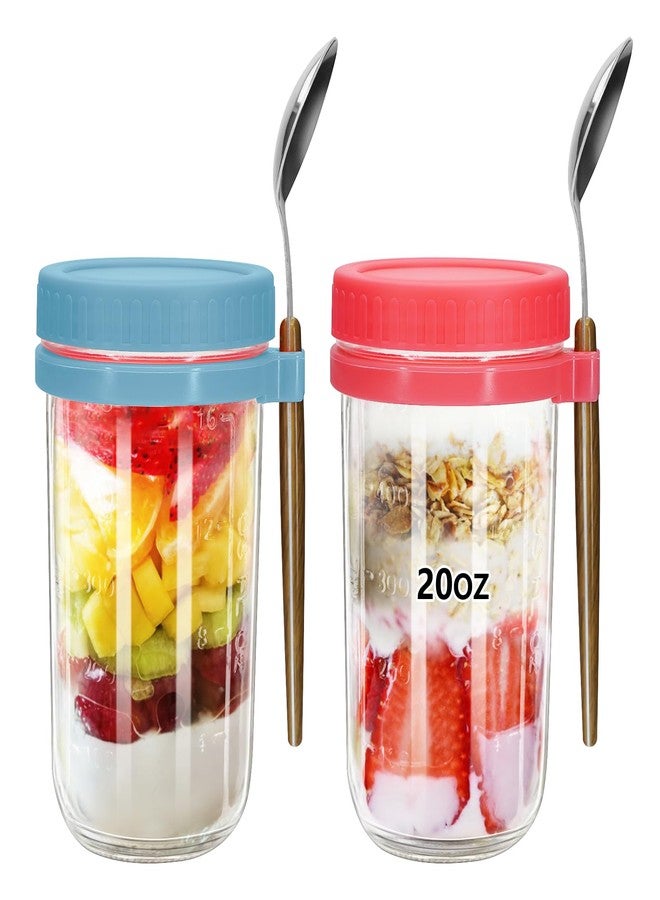 eispap 20oz - 2 Pack Overnight Oats Jars with Lids and Spoon, Overnight Oats Container with Lids, Measurement Marks, Wide Mouth Mason Jars for Salad, Cereal (blue and red) - Image 1