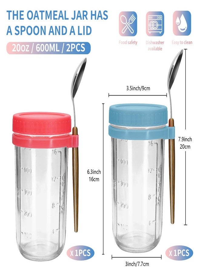 eispap 20oz - 2 Pack Overnight Oats Jars with Lids and Spoon, Overnight Oats Container with Lids, Measurement Marks, Wide Mouth Mason Jars for Salad, Cereal (blue and red) - Image 2