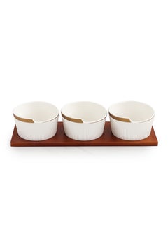Shallow Shallow Porcelain New Bone China Verde 3-Piece Bowl Serving Set with Bamboo Tray - Elegant Culinary Presentation 