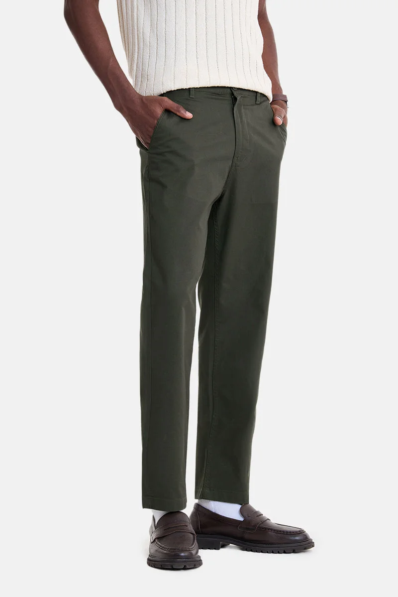 SNITCH Olive Solid Regular Fit Casual Chinos