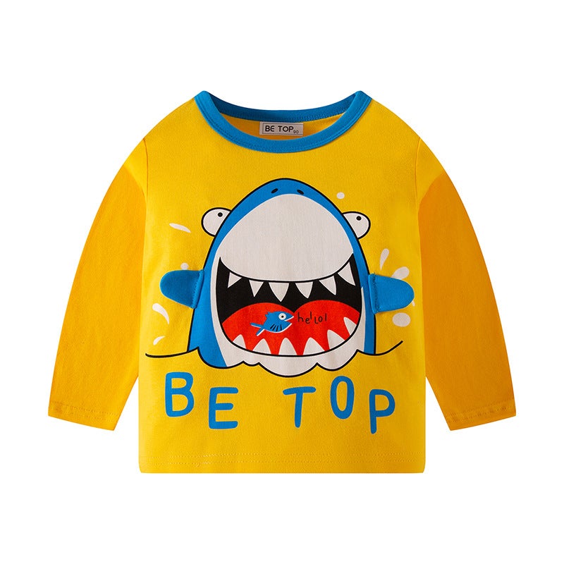 2025 New Cartoon Shark Print Autumn Children's Cotton Bottoming Shirt Round Neck Boys Long Sleeve T-Shirt One Generation - Image 1
