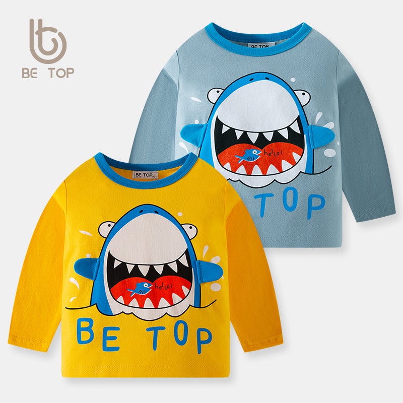 2025 New Cartoon Shark Print Autumn Children's Cotton Bottoming Shirt Round Neck Boys Long Sleeve T-Shirt One Generation - Image 2