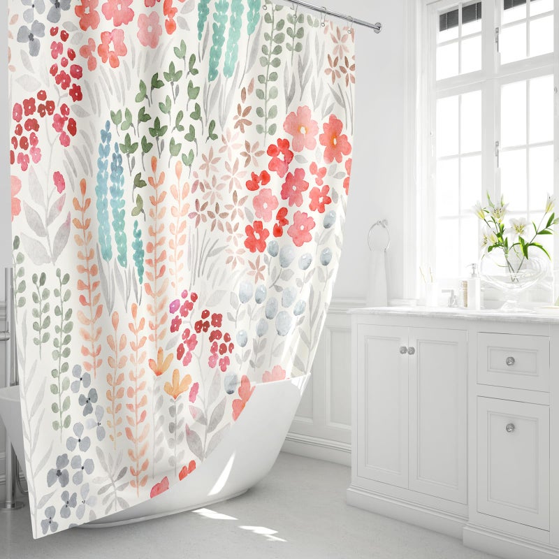 MAYZUS Small Stall Shower Curtain 36 x 72 Inch  Half Narrow Cute Floral Shower Curtain for Bathroom  Retro Red Teal Wildflower Boho Cottagecore Fabric Shower Curtain Set with Hooks - Image 1