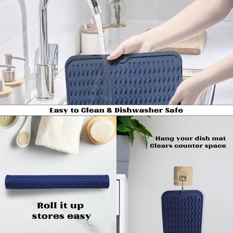 ZLR Silicone Dish Drying Mat for Kitchen Counter (12" x 16" / 307 x 405mm) - Large Fast-Dry Drainer Mat with Raised Wavy Ridges & 5mm Lip - Non-Slip, Heat Resistant 450°F, BPA-Free (Midnight Blue) - Image 4