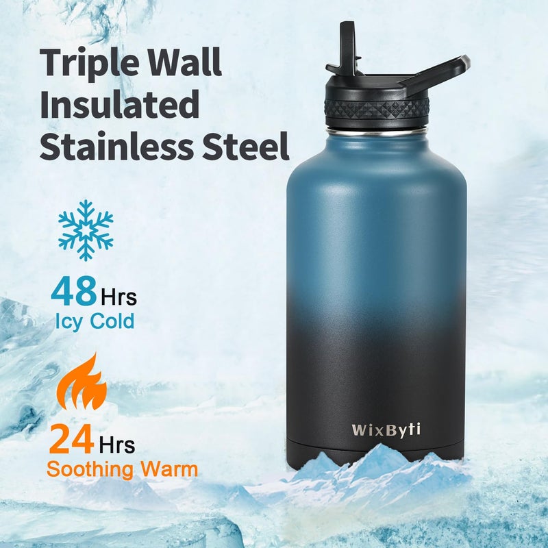 WixByti WixByti 64 oz Insulated Water Bottle with Straw (Cold for 48 Hrs)  Half Gallon Stainless Steel Triple Wall Vacuum Sports Water Jug  Leakproof Hydro Cup Flask with Straw Spout Lids & DIY Stickers  - Image 2