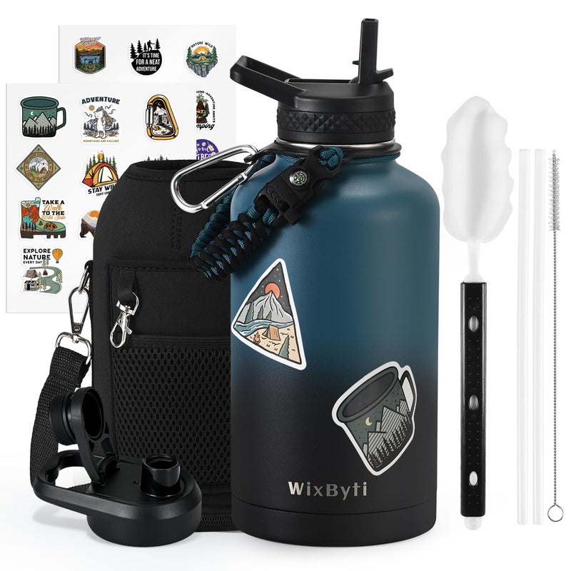 WixByti WixByti 64 oz Insulated Water Bottle with Straw (Cold for 48 Hrs)  Half Gallon Stainless Steel Triple Wall Vacuum Sports Water Jug  Leakproof Hydro Cup Flask with Straw Spout Lids & DIY Stickers  - Image 1