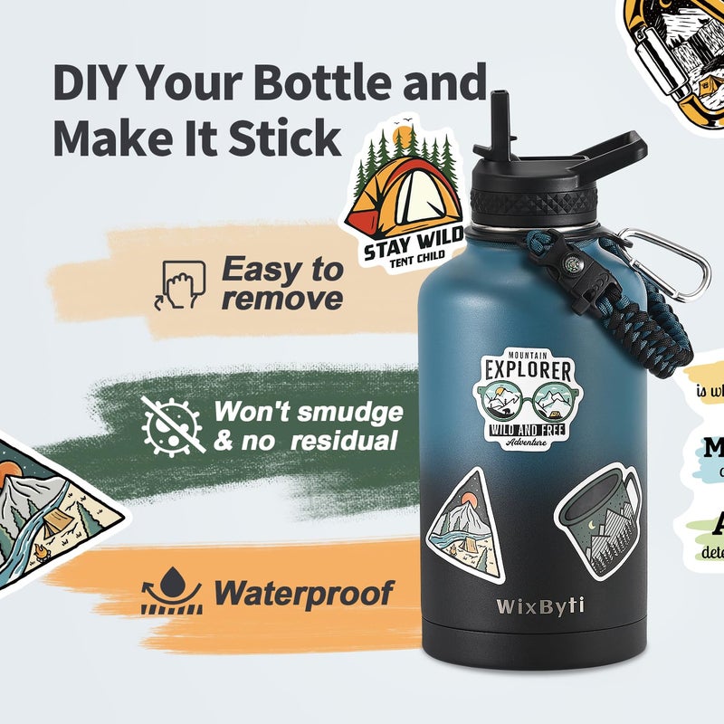 WixByti WixByti 64 oz Insulated Water Bottle with Straw (Cold for 48 Hrs)  Half Gallon Stainless Steel Triple Wall Vacuum Sports Water Jug  Leakproof Hydro Cup Flask with Straw Spout Lids & DIY Stickers  - Image 5