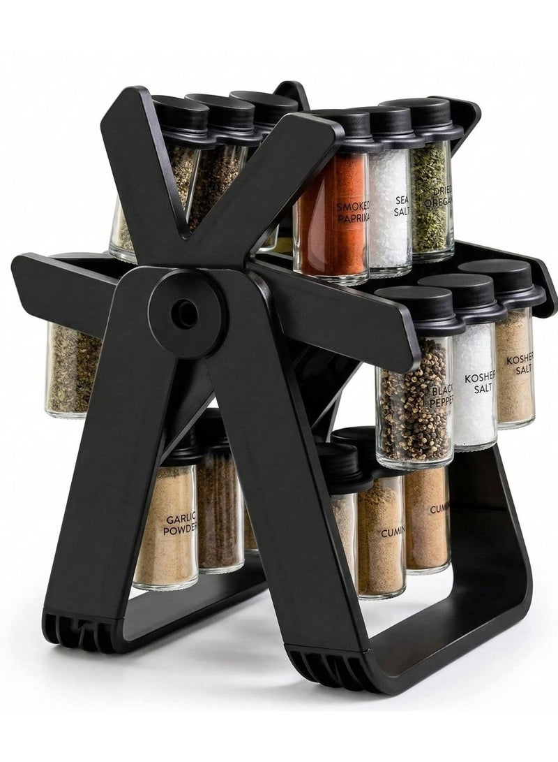 دينكس dx2504 رف دوار لتنظيم التوابل مكون من 18 عبوة بسعة 100مل, منظم رف توابل دوار مع 18 برطمان توابل زجاجي مع ملصقات توابل وقلم - Image 1