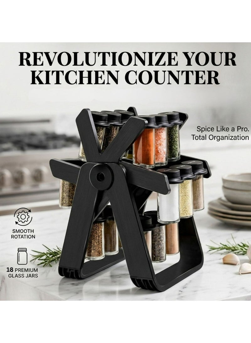 دينكس dx2504 رف دوار لتنظيم التوابل مكون من 18 عبوة بسعة 100مل, منظم رف توابل دوار مع 18 برطمان توابل زجاجي مع ملصقات توابل وقلم - Image 3