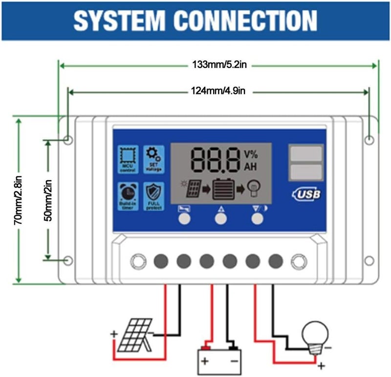 woobles Solar Charge Controller LCD Display Dual USB Port PWM Solar Panel Battery Intelligent Regulator with Load Automatic Identification 12V/24V(50A) 50A - Image 5