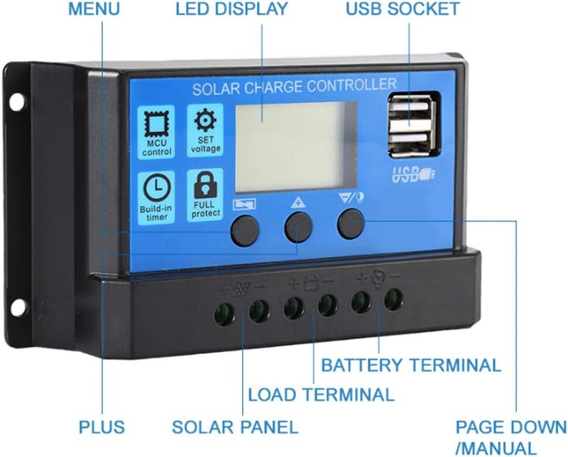 woobles Solar Charge Controller LCD Display Dual USB Port PWM Solar Panel Battery Intelligent Regulator with Load Automatic Identification 12V/24V(50A) 50A - Image 4
