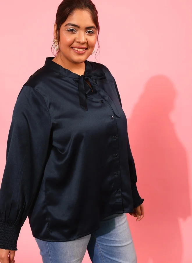 CURVY STREET Navy Blue Tie-Up Neck Shirt for Women