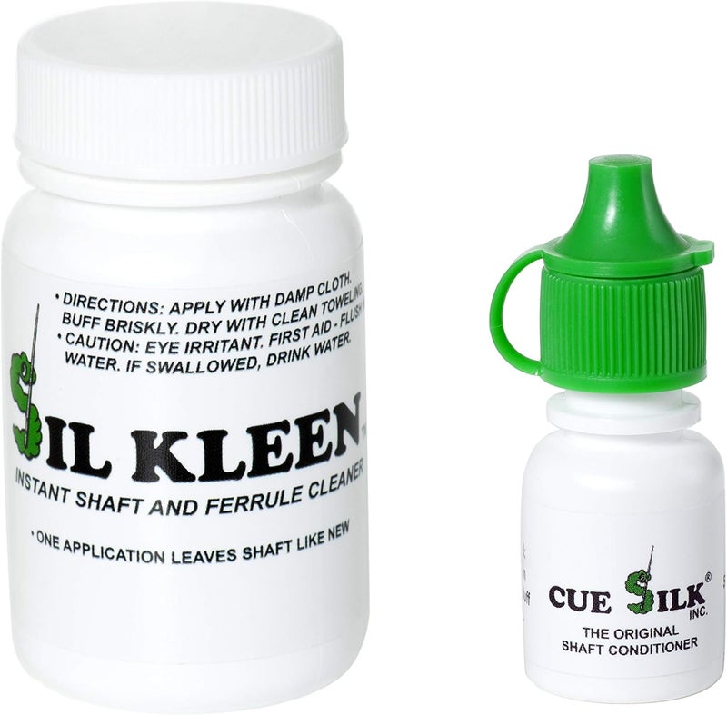Cue Silk Bundle of 2 items: Sil Kleen DRY Powder Pool Cue Shaft and Ferrule Cleaner 1 oz Bottle and Pool Cue Shaft Conditioner ¼ oz Bottle - Image 1