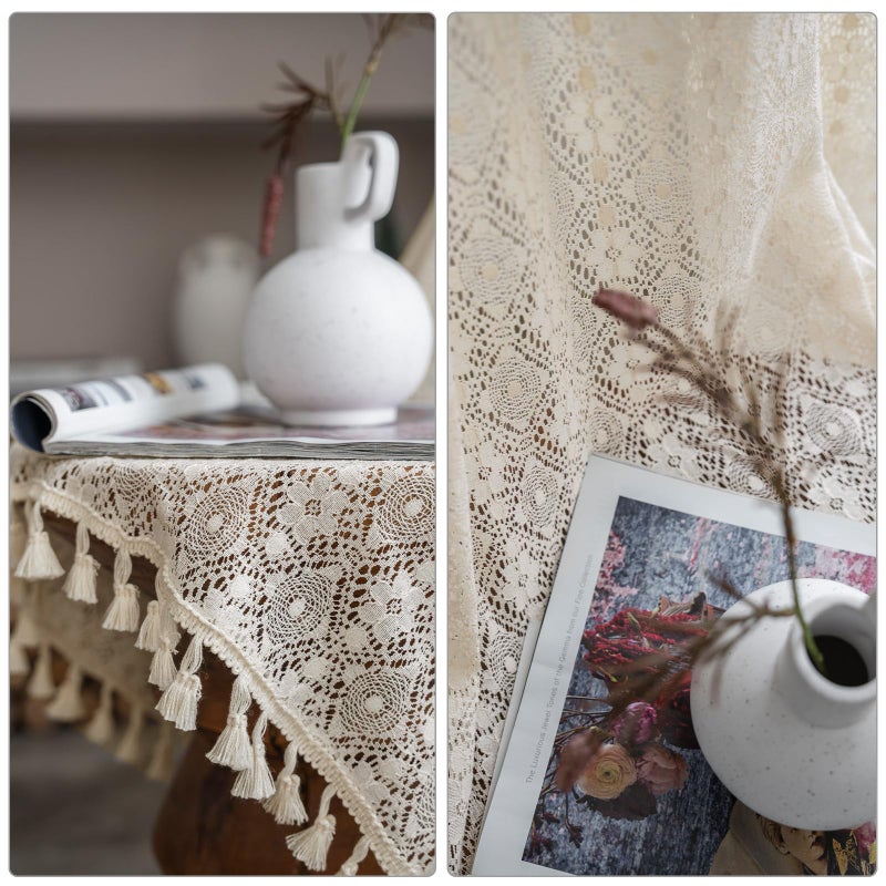 ColorBird Boho Curtains Lace Crochet Light-Filtering Semi Sheer Tassels Rod Pocket Window Treatment Vintage Cotton Bohemian Curtain 84 inches for Living Room  Bedroom - Image 3