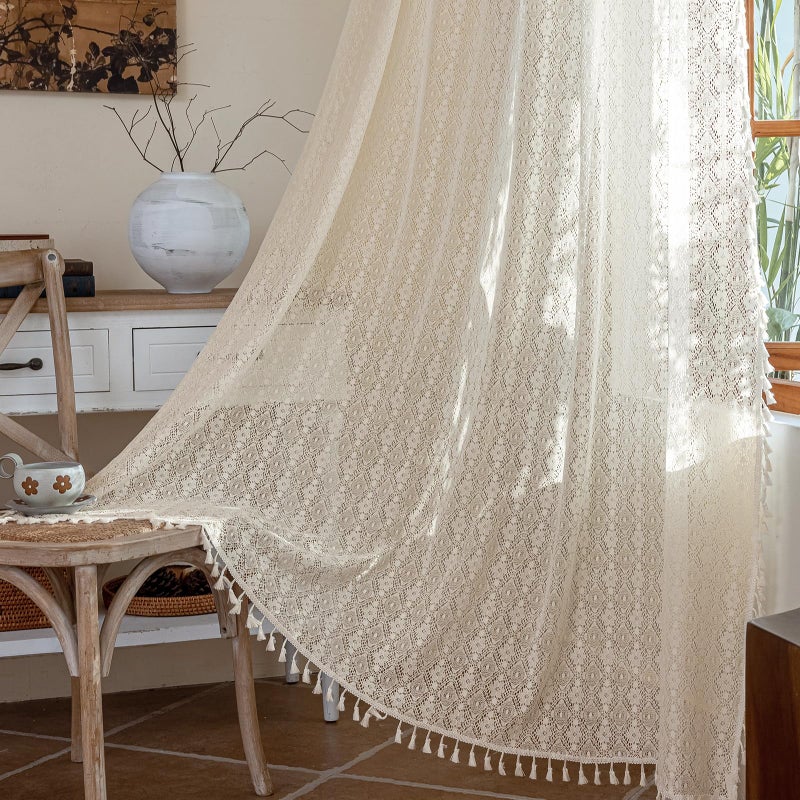 ColorBird Boho Curtains Lace Crochet Light-Filtering Semi Sheer Tassels Rod Pocket Window Treatment Vintage Cotton Bohemian Curtain 84 inches for Living Room  Bedroom - Image 1