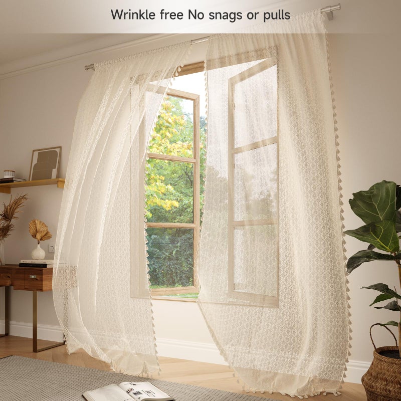 ColorBird Boho Curtains Lace Crochet Light-Filtering Semi Sheer Tassels Rod Pocket Window Treatment Vintage Cotton Bohemian Curtain 84 inches for Living Room  Bedroom - Image 4