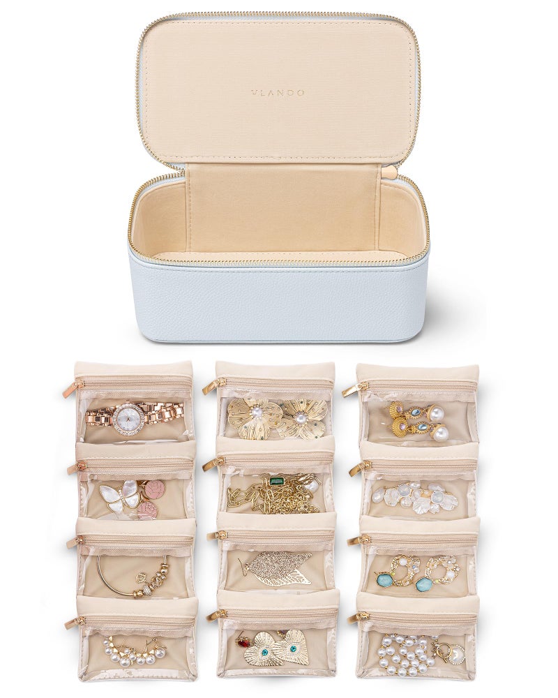 Vlando Travel Jewelry Case Organizer,Small Jewelry Box with 12 Velvet Jewelry Storage Pockets,Christmas Gift Ideas for Bride Friends Women Girls-Baby Blue - Image 1