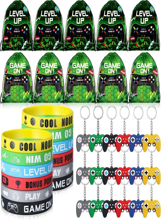 Nosiny 72 Pcs Video Game Party Favors Video Gamer Party Drawstring Bags Gaming Goodie Bag Silicone Bracelet Wristbands Keychain Classroom Rewards for Kids Birthday Bag Stuffers(Green,Vivid) - Image 1