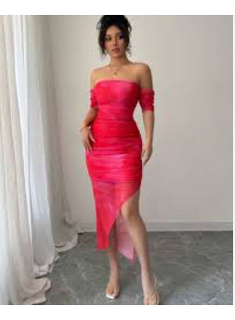 مانيكان فستان مانيكان النسائي من مادة الدانتيل الناعمة، فستان متوسط ​​الطول بدون حمالات، بفتحة جانبية، مناسب للسهرات - Image 1